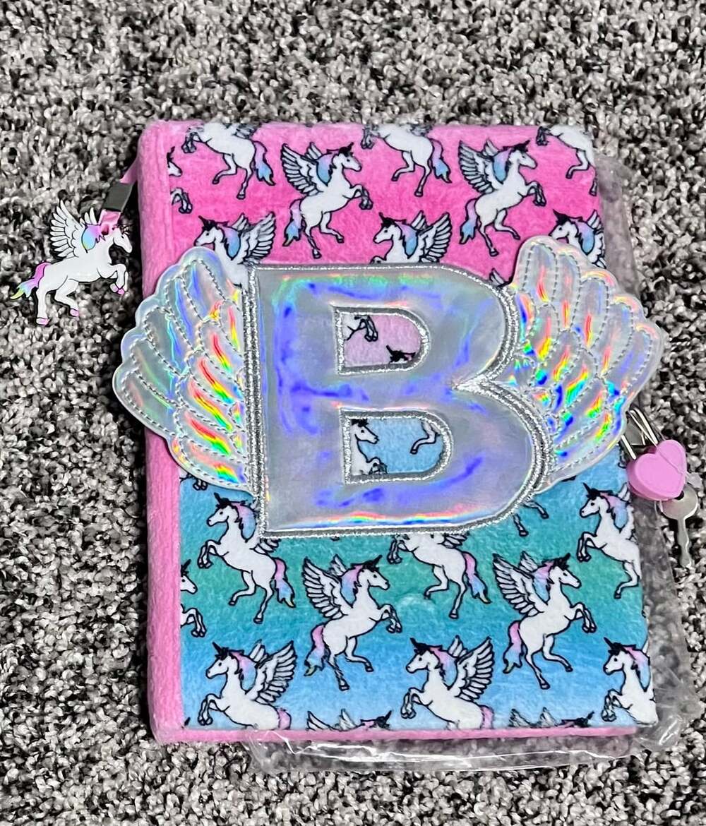 New Justice Winged Unicorn Initial Diary Journal Notebook B Lock Key Pen